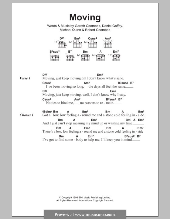 Moving (Supergrass): Lyrics and chords by Daniel Goffey, Gareth Coombes, Michael Quinn, Robert Coombes