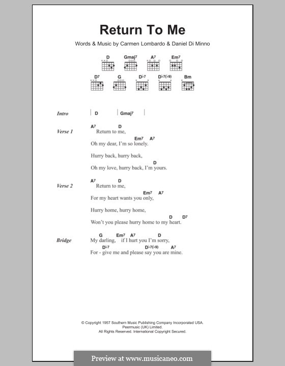 Return To Me (Dean Martin): Lyrics and chords by Carmen Lombardo, Danny Di Minno