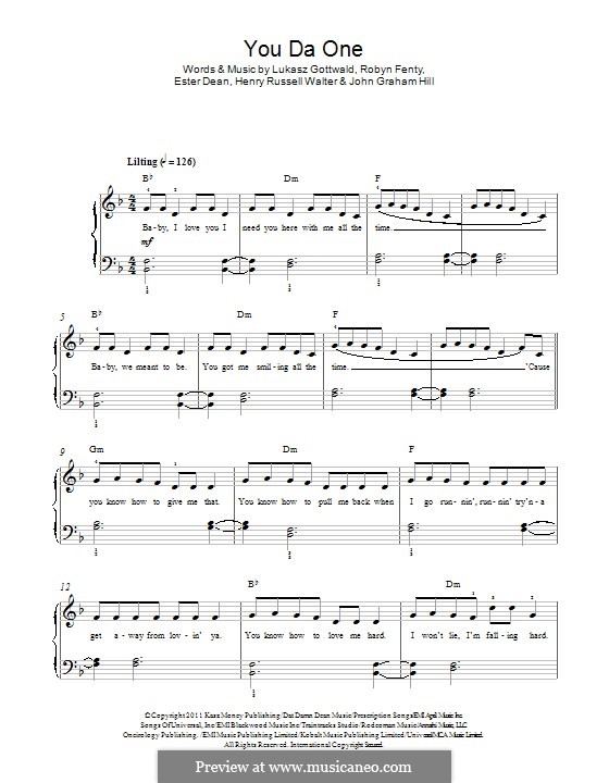 You Da One: For piano by Esther Dean, Lukas Gottwald, Rihanna, Henry Russell Walter, John Hill