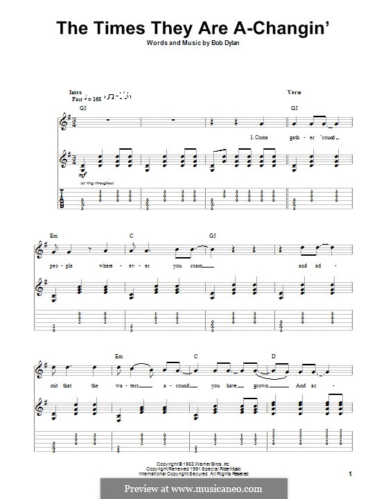 The Times They Are A-Changin': For guitar with tab by Bob Dylan