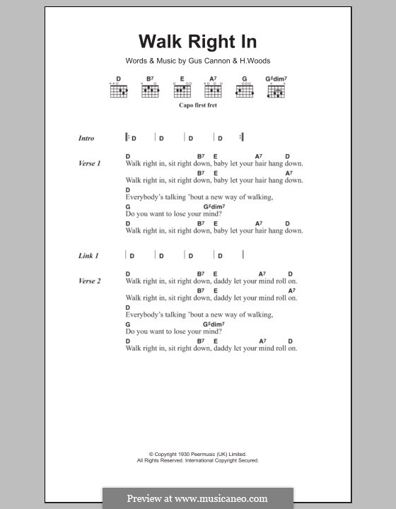 Walk Right in (The Rooftop Singers): Lyrics and chords by Gus Cannon, Harry Woods