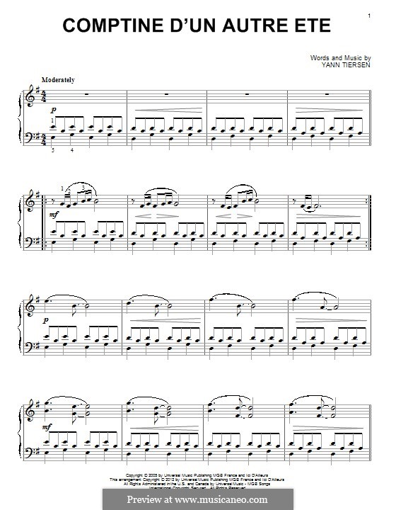 Comptine d'un Autre Eté (from Amélie): For piano by Yann Tiersen