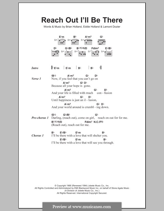 Reach Out, I'll Be There (The Four Tops): Lyrics and chords by Brian Holland, Edward Holland Jr., Lamont Dozier