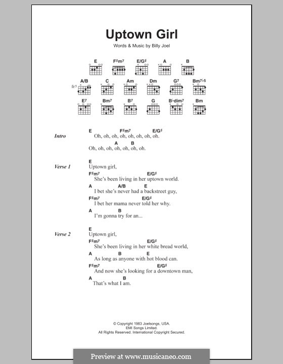 Uptown Girl: Lyrics and chords by Billy Joel