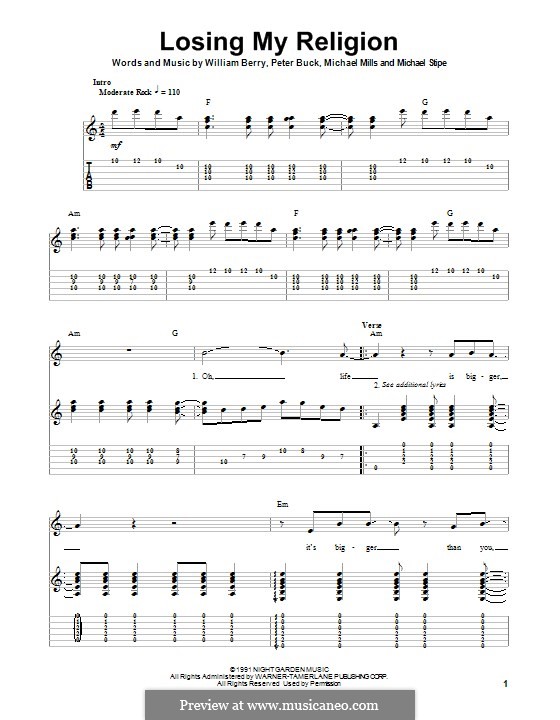 Losing My Religion (R.E.M.): For guitar with tab by Mike Mills, Michael Stipe, Peter Buck, William Berry