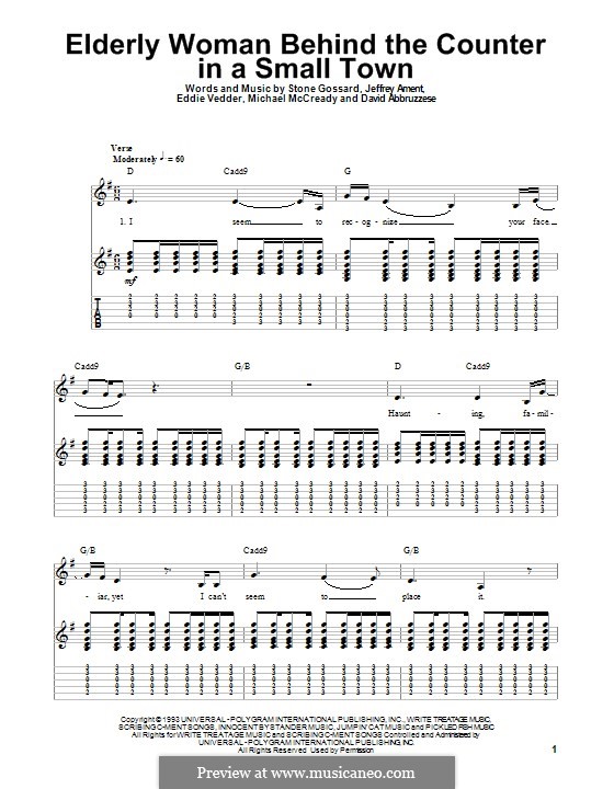 Elderly Woman Behind the Counter in a Small Town (Pearl Jam): For guitar with tab by David Abbruzzese, Eddie Vedder, Jeff Ament, Mike McCready, Stone Gossard