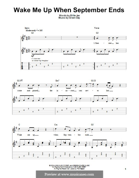 Wake Me Up When September Ends (Green Day): For guitar with tab by Billie Joe Armstrong, Tré Cool, Michael Pritchard