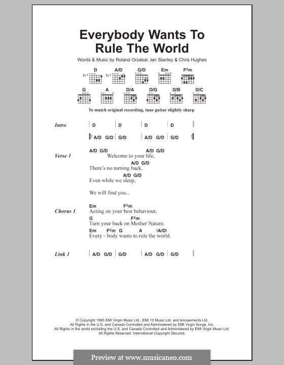 Everybody Wants to Rule the World (Tears for Fears): Lyrics and chords by Chris Hughes, Ian Stanley, Roland Orzabal