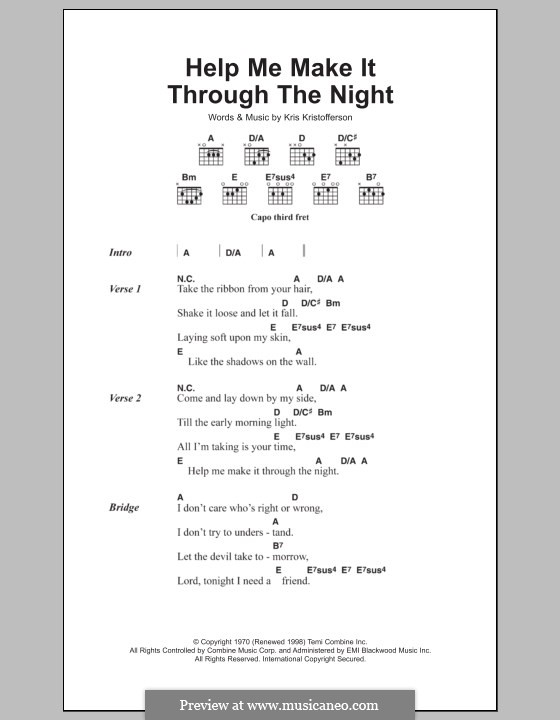 Help Me Make It Through the Night: Lyrics and chords by Kris Kristofferson