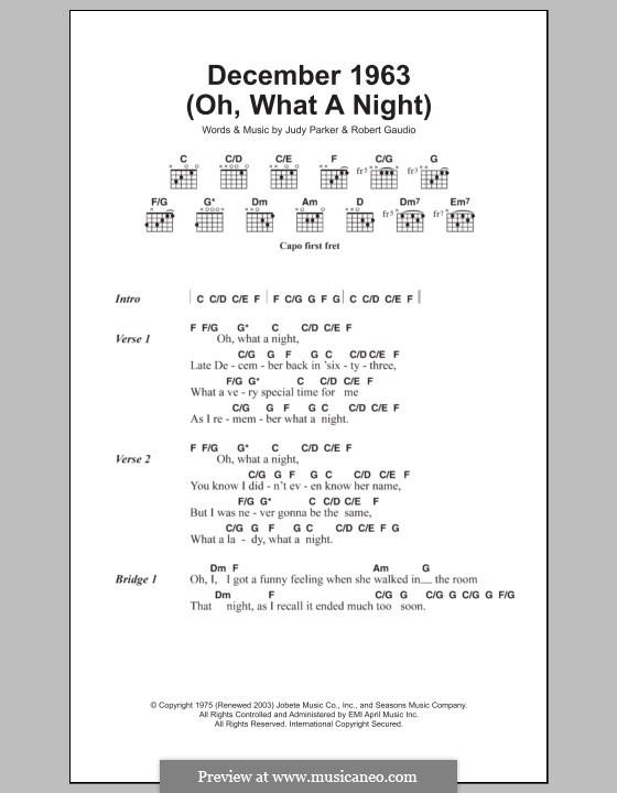 December 1963 (Oh, What a Night): Lyrics and chords by Bob Gaudio, Judy Parker