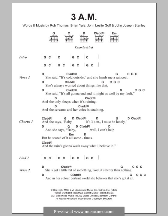 3 AM (Matchbox Twenty): Lyrics and chords by Brian Yale, Jay Stanley, John Goff, Rob Thomas