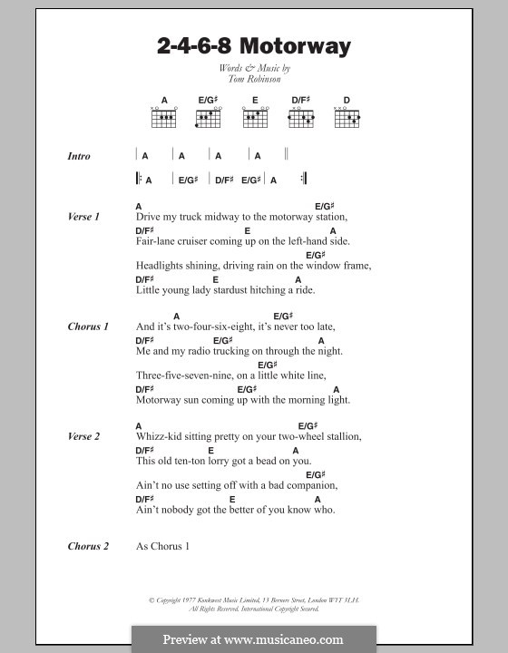 2-4-6-8 Motorway (Tom Robinson Band): Lyrics and chords by Tom Robinson