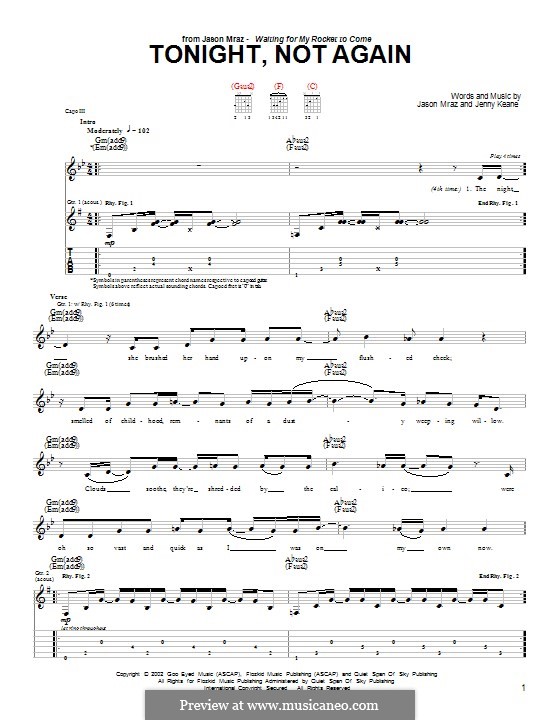 Tonight, Not Again: For guitar with tab by Jason Mraz