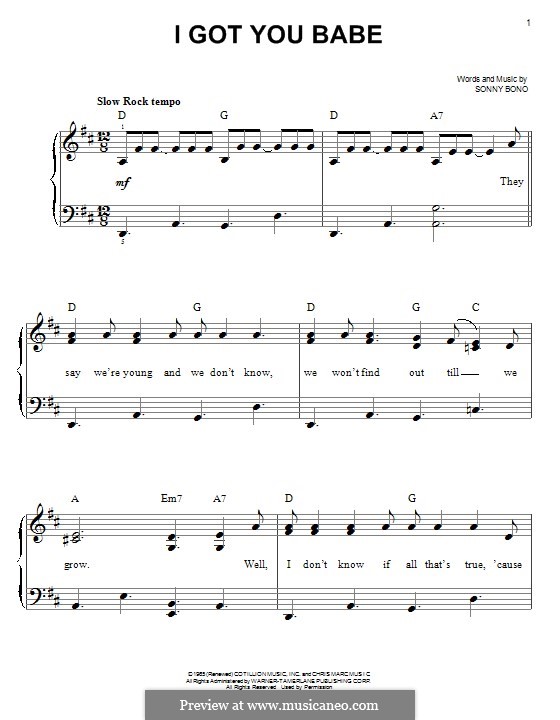 I Got You Babe (Sonny & Cher): For piano by Sonny Bono