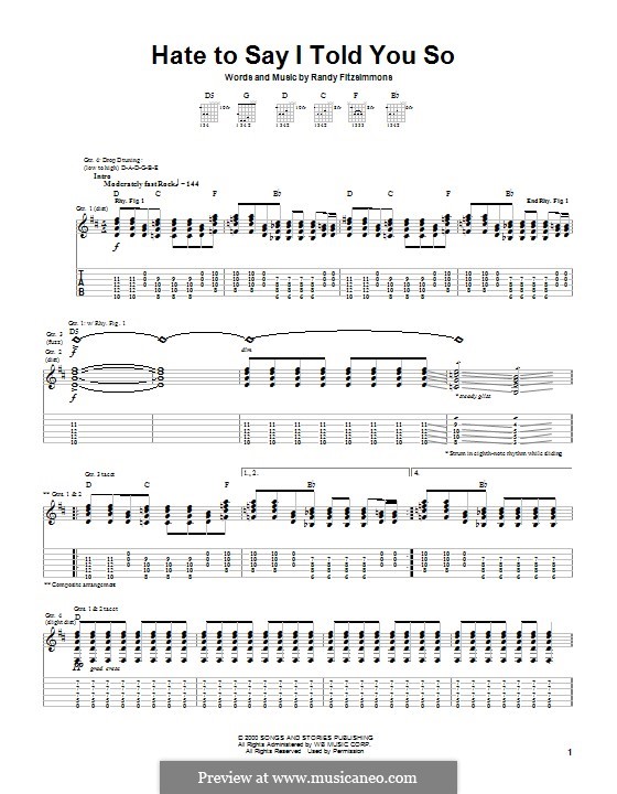 Hate to Say I Told You So (The Hives): For guitar with tab by Randy Fitzsimmons