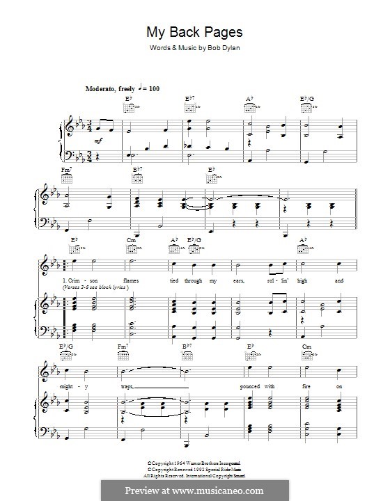 My Back Pages: For voice and piano (or guitar) by Bob Dylan