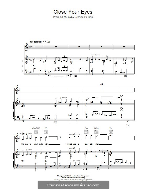 Close Your Eyes Tony Bennett By B Petkere Sheet Music On Musicaneo
