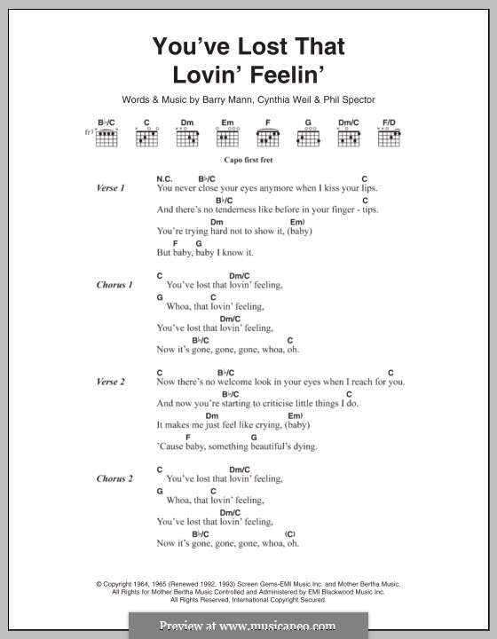 You've Lost That Lovin' Feelin': Lyrics and chords (The Righteous Brothers) by Barry Mann, Cynthia Weil