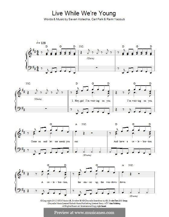 Live While We're Young (One Direction): For piano by Carl Falk, Rami Yacoub, Savan Kotecha