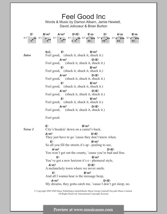 Feel Good Inc (Gorillaz): Lyrics and chords by Brian Burton, Damon Albarn, Jamie Hewlett, De La Soul