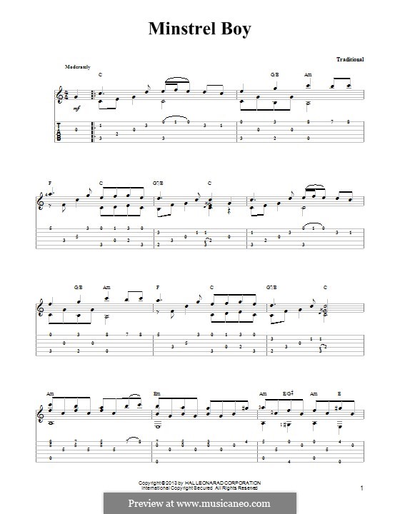 The Minstrel Boy (printable score): For guitar with tab by folklore