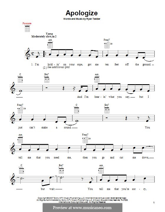 Apologize (OneRepublic): For ukulele by Ryan B Tedder