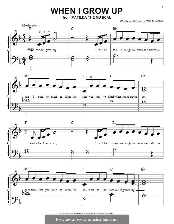 When I Grow Up (from Matilda the Musical): For piano by Tim Minchin