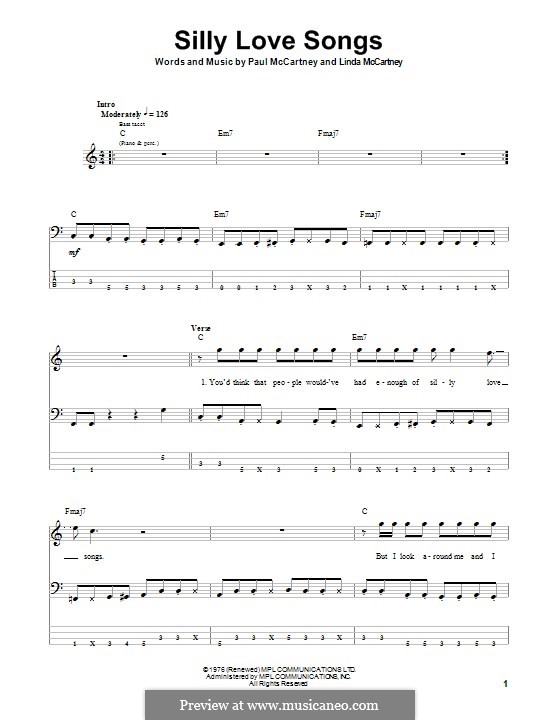 Silly Love Songs (Wings): For bass guitar with tab by Linda McCartney, Paul McCartney