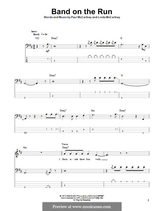 Band on the Run (Wings): For bass guitar with tab by Linda McCartney, Paul McCartney