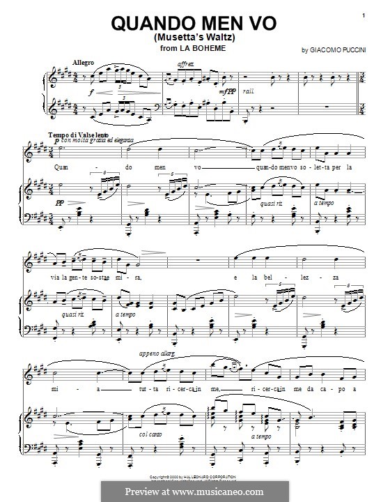 Quando men vo (Musetta's Waltz): For voice and piano by Giacomo Puccini