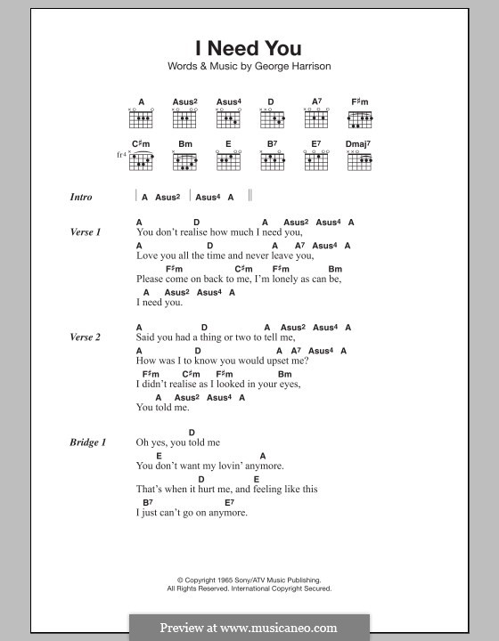 I Need You (The Beatles): Lyrics and chords by George Harrison