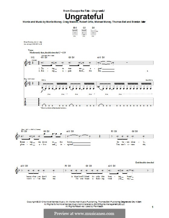 Ungrateful (Escape the Fate): For guitar with tab by Brandon Saller, Thomas Bell, Craig Mabbitt, Michael Money, Monte Money, Robert Ortiz