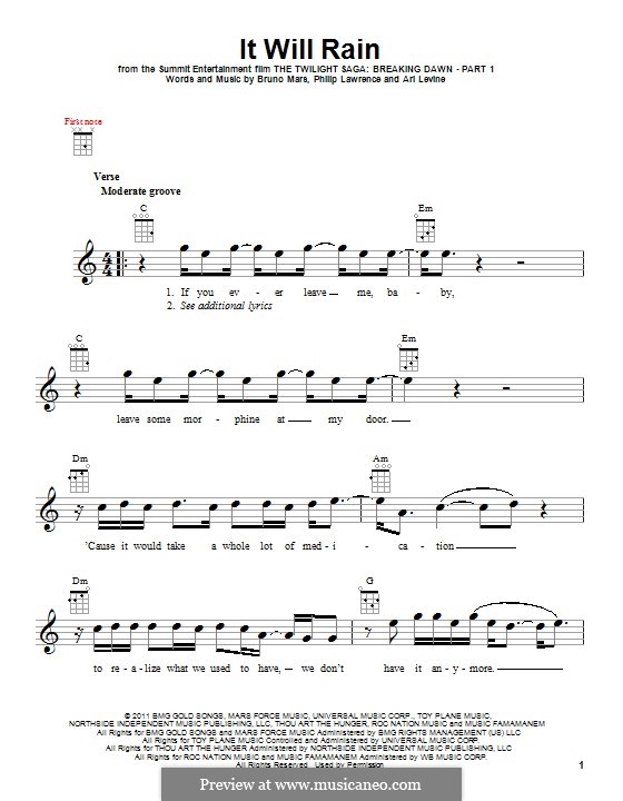 It Will Rain: For ukulele by Ari Levine, Bruno Mars, Philip Lawrence
