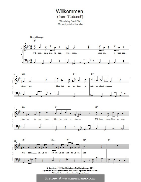 Willkommen (from Cabaret): For piano by John Kander