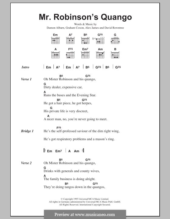 Mr. Robinson's Quango (Blur): Lyrics and chords by Alex James, Damon Albarn, David Rowntree, Graham Coxon