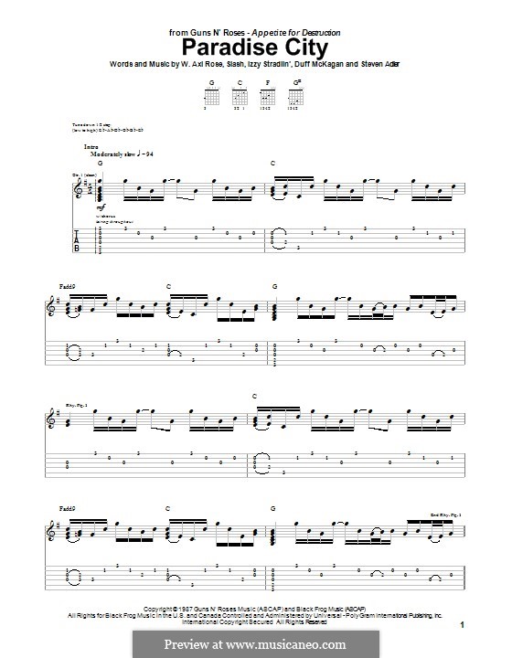 Paradise City (Guns N' Roses): For guitar with tab by Slash, W. Axl Rose, Duff McKagan, Izzy Stradlin, Steven Adler