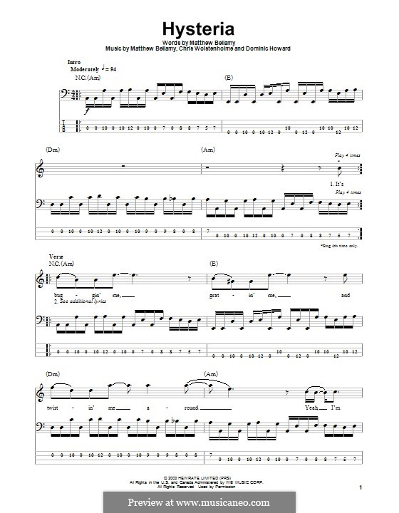 Hysteria (Muse): For bass guitar with tab by Chris Wolstenholme, Dominic Howard, Matthew Bellamy