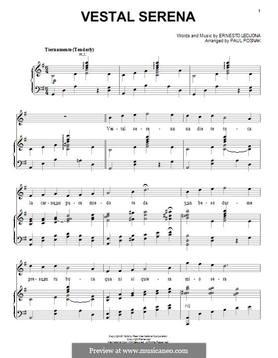 Vestal Serena: For voice and piano by Ernesto Lecuona