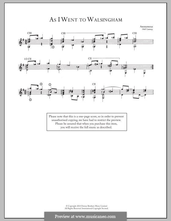 As I Went to Walsingham: For guitar with tab by Unknown (works before 1850)
