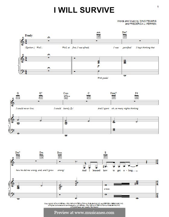 I Will Survive (Gloria Gaynor): For voice and piano (or guitar) by Dino Fekaris, Freddie Perren