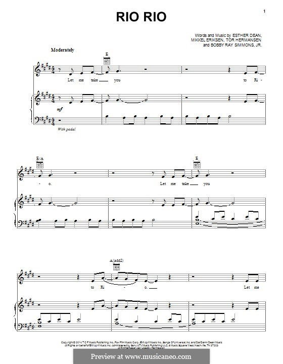 Rio Rio (Ester Dean featuring B.o.B.): For voice and piano (or guitar) by Bobby Ray Simmons Jr., Esther Dean, Mikkel Storleer Eriksen, Tor Erik Hermansen