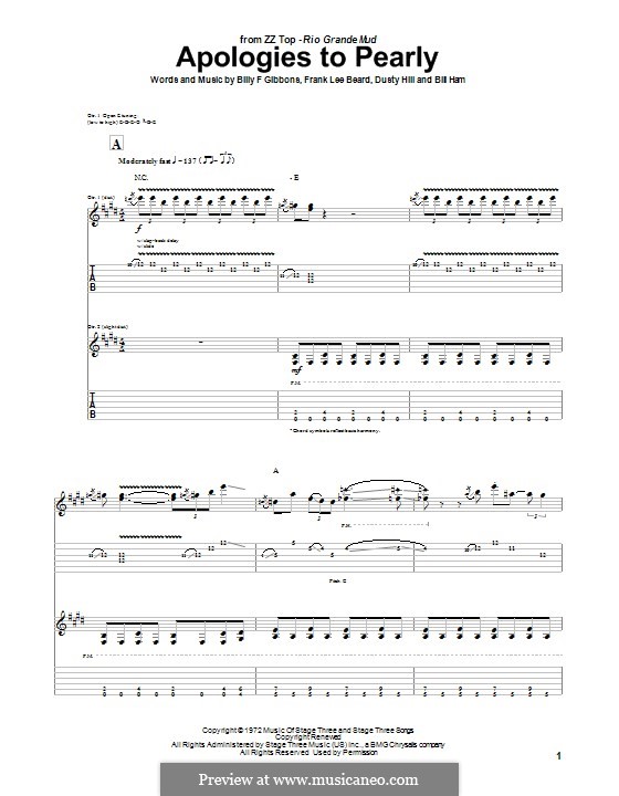 Apologies to Pearly (ZZ Top): For guitar with tab by Bill Ham, Billy F Gibbons, Dusty Hill, Frank Lee Beard