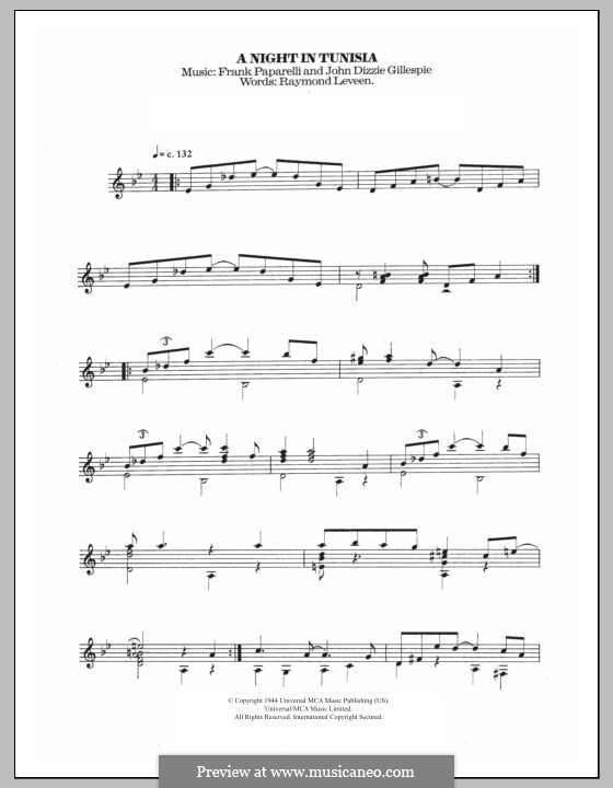 A Night In Tunisia: For guitar with tab by Dizzy Gillespie, Frank Paparelli
