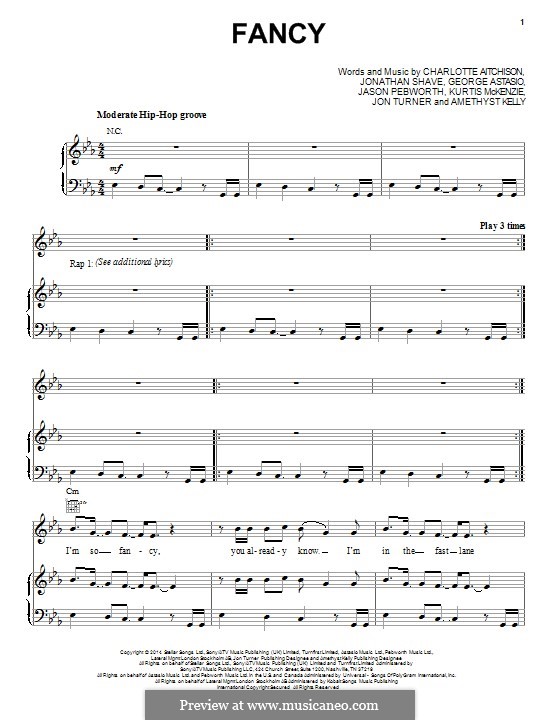 Fancy (Iggy Azalea featuring Charli XCX): For voice and piano (or guitar) by George Astasio, Jason Pebworth, John Turner, Jonathan Shave, Kurtis McKenzie, Charlotte Aitchison, Amethyst Kelly