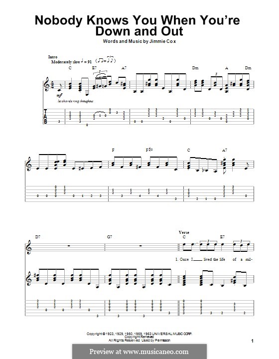 Nobody Knows You When You're Down and Out: For guitar with tab by Jimmie Cox