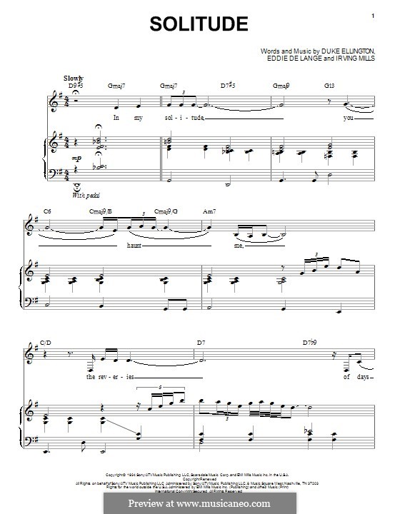 Solitude: For voice and piano by Irving Mills, Duke Ellington, Eddie De Lange