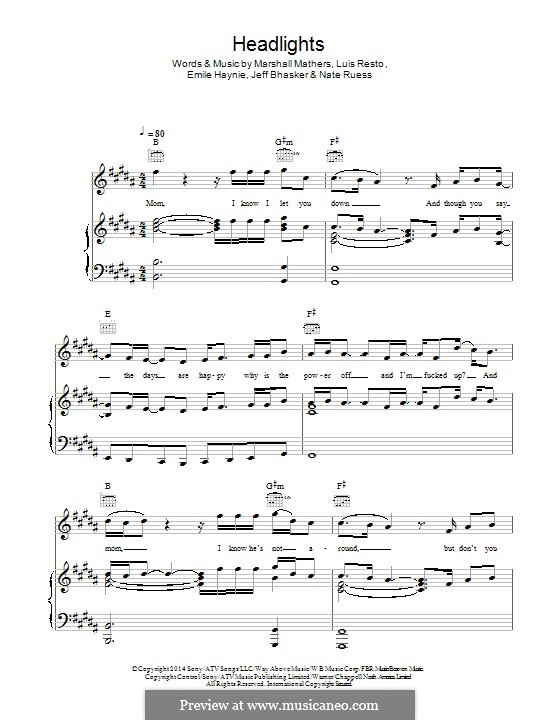 Headlights: For voice and piano (or guitar) by Emile Haynie, Jeff Bhasker, Luis Resto, Marshall Mathers