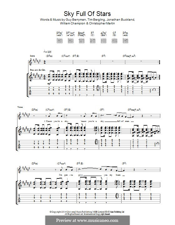 A Sky Full of Stars (Coldplay): For guitar with tab by Chris Martin, Guy Berryman, Jonny Buckland, Avicii, Will Champion