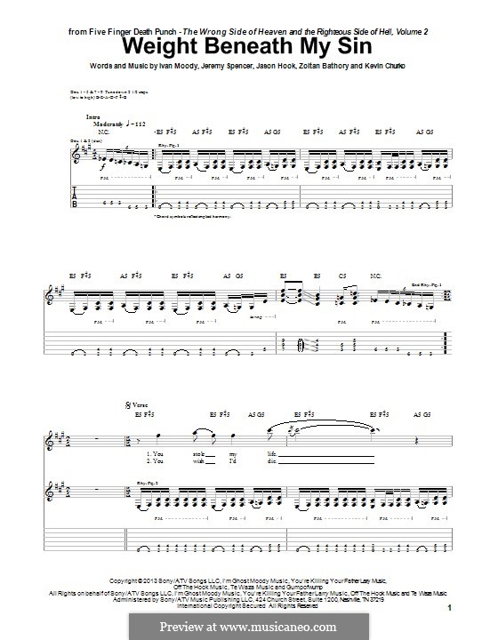 Weight Beneath My Sin (Five Finger Death Punch): For guitar with tab by Ivan L. Moody, Jason Hook, Jeremy Spencer, Kevin Churko, Zoltán Bathory