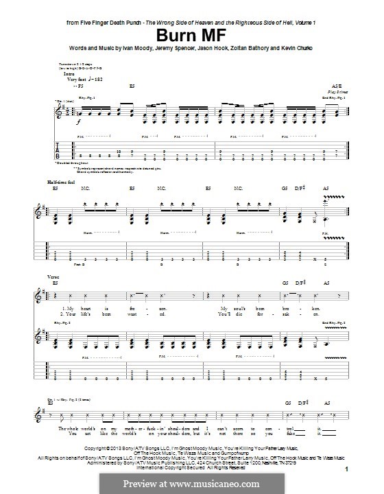 Burn MF (Five Finger Death Punch): For guitar with tab by Ivan L. Moody, Jason Hook, Jeremy Spencer, Kevin Churko, Zoltán Bathory